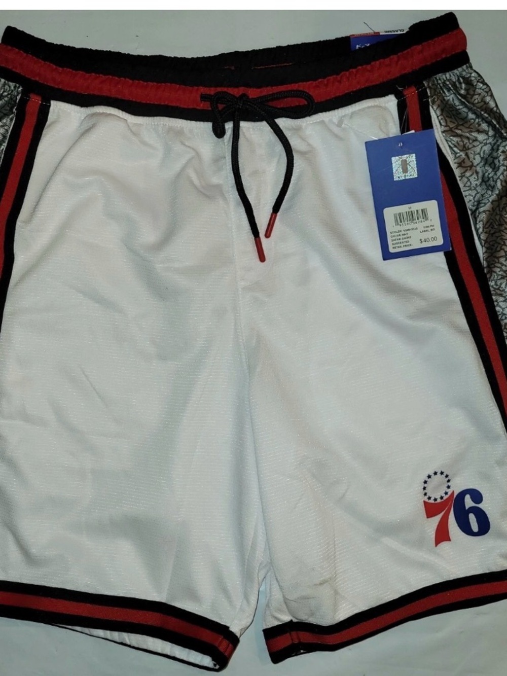 Philadelphia 76ers White Basketball Shorts with Red & Black Trim